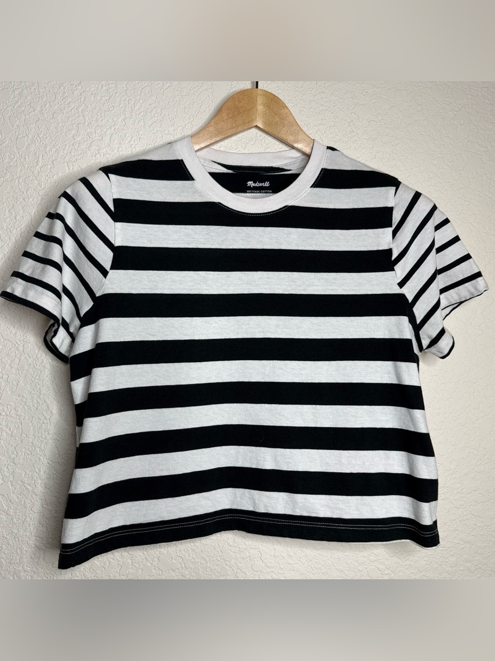 Madewell Softfade Cotton Boxy Crop Tee Shirt Black White Stripe Size Small